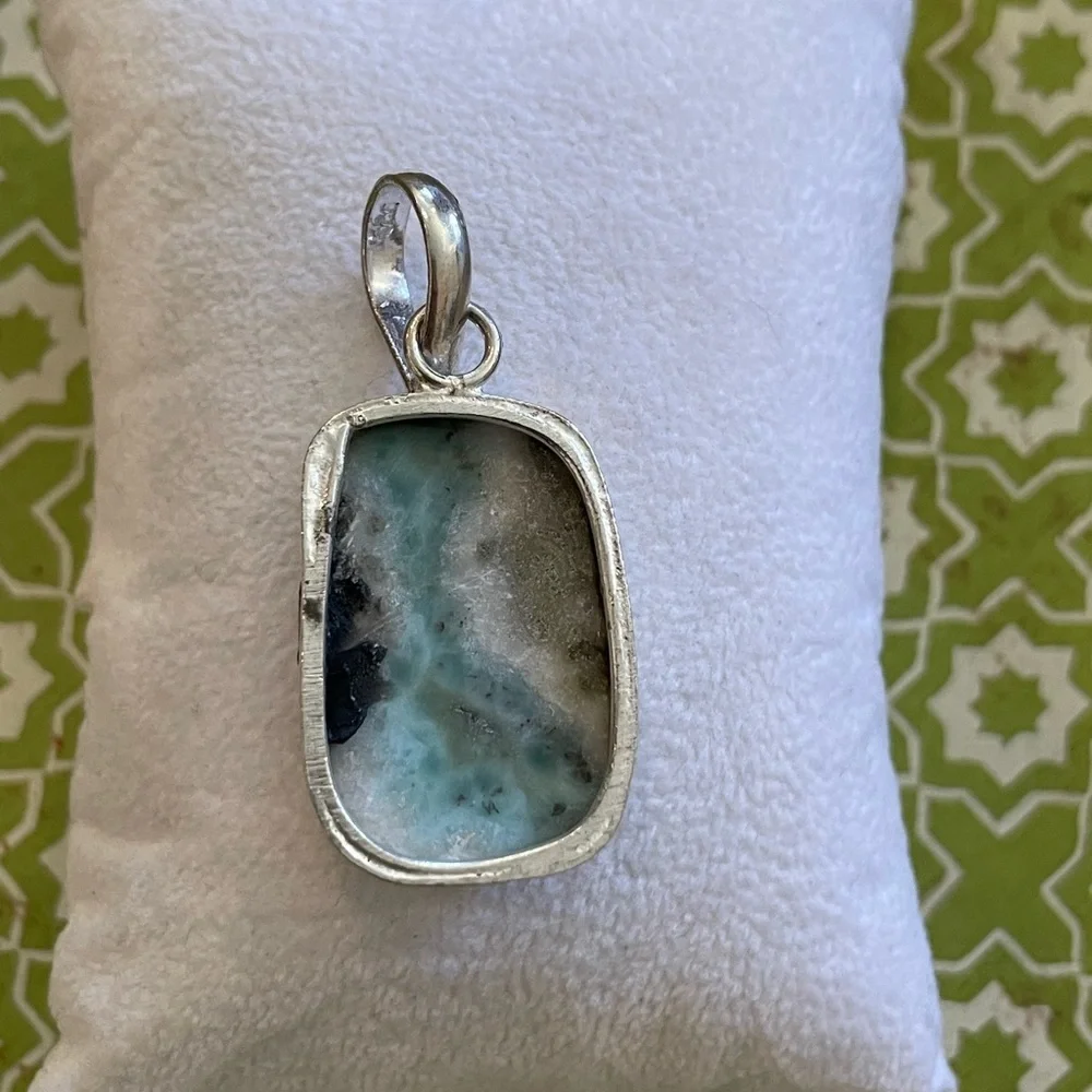 Natural Larimar Rectangle Silver Plated Pendant White Blue Grey Black –Brand New - Picture 4 of 5